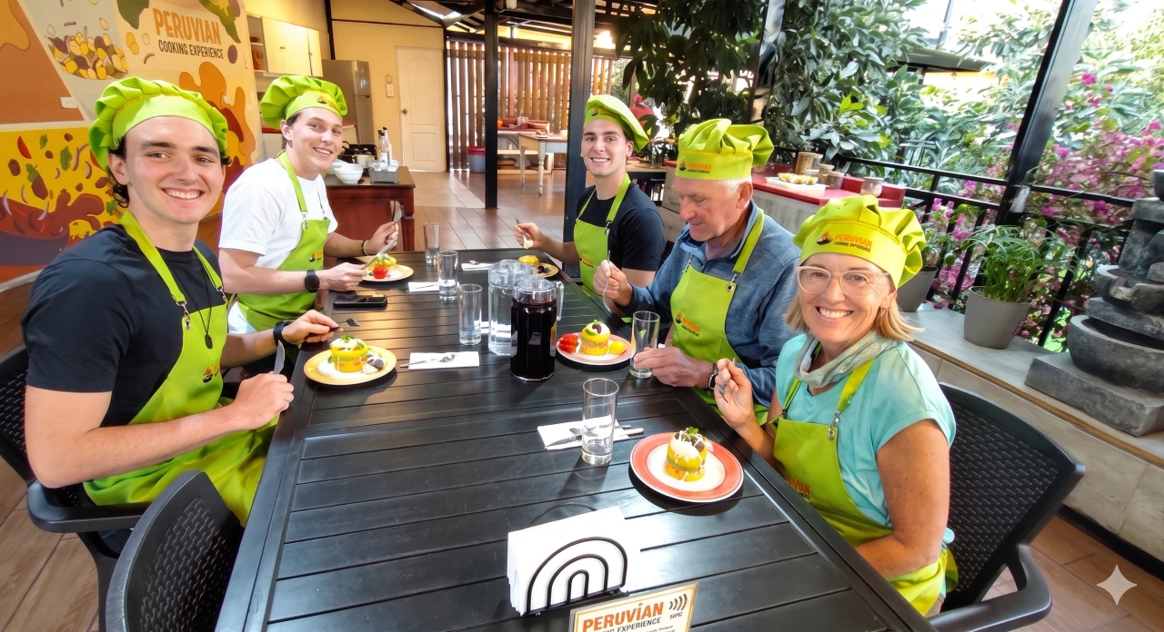 Travelers smiling and sharing a rewarding food tasting in the terrace of Casa de Avila
